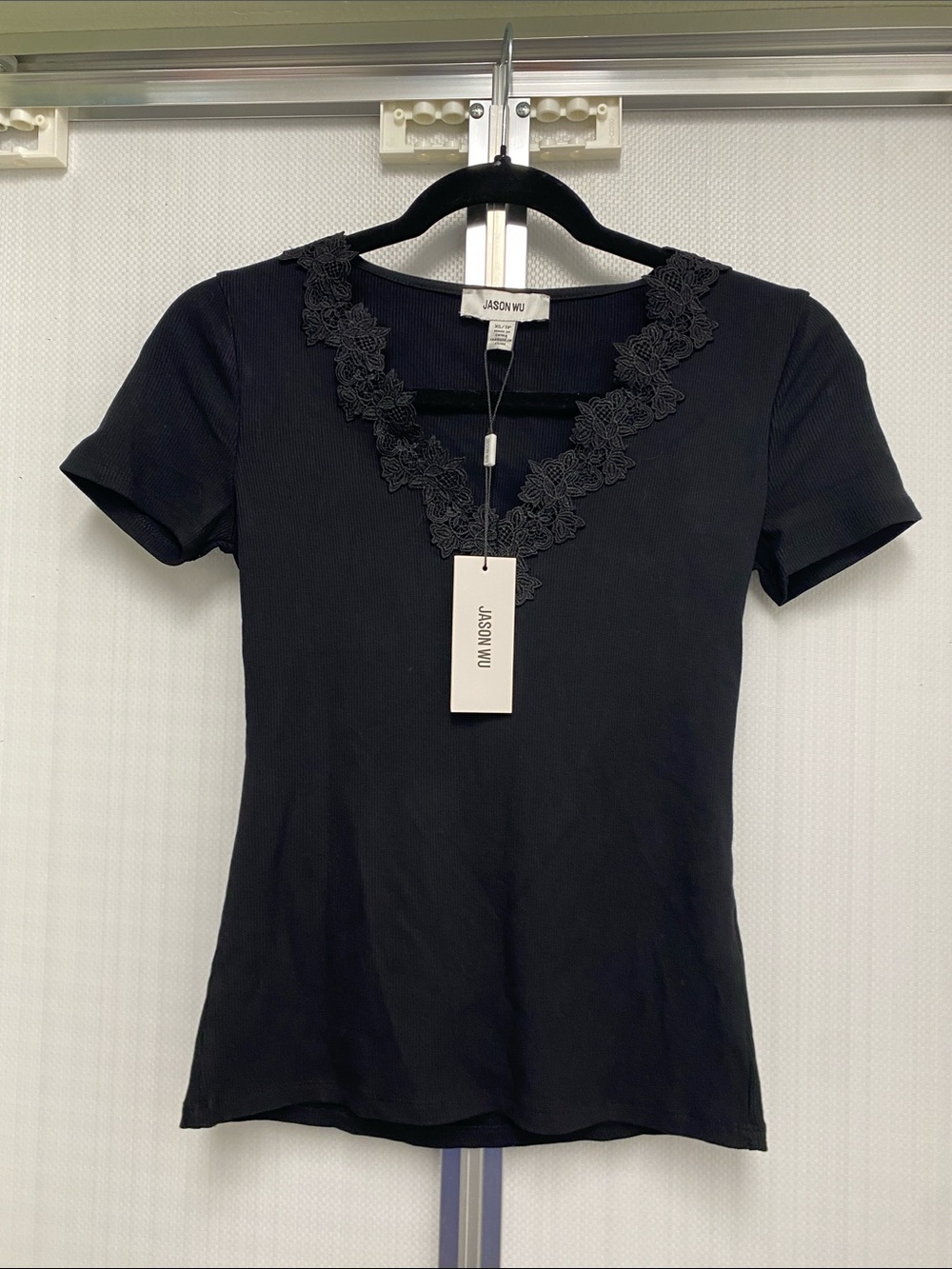 Jason Wu Black Short Sleeve Lace-Trim Tee